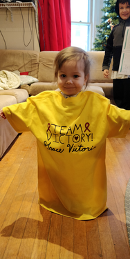 Grace wearing sample Team Victory shirt.